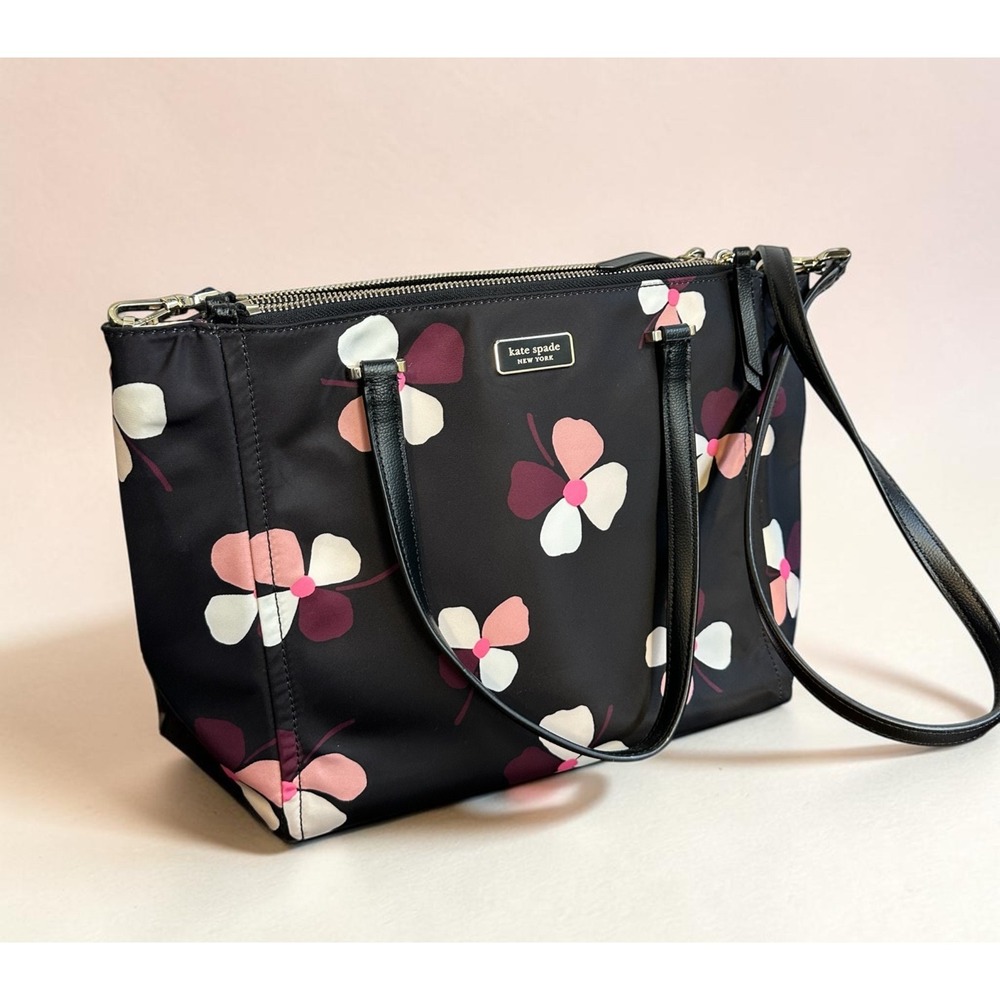 Kate Spade Dawn Dusk Buds Black Floral Nylon Satchel Tote Crossbody Bag Purse - Picture 1 of 16